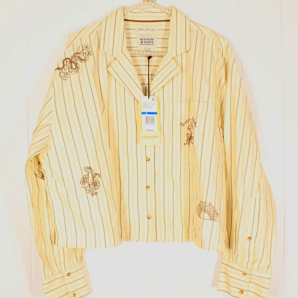 NWT Scotch & Soda Notch Lapel Button Up Tan/Brown Striped Embroidered Top XL - Picture 7 of 7